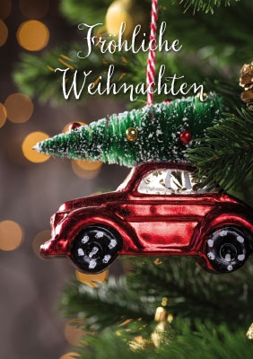 Weihnachten - Kleine Kartengr??e rotes Auto als Anh?nger