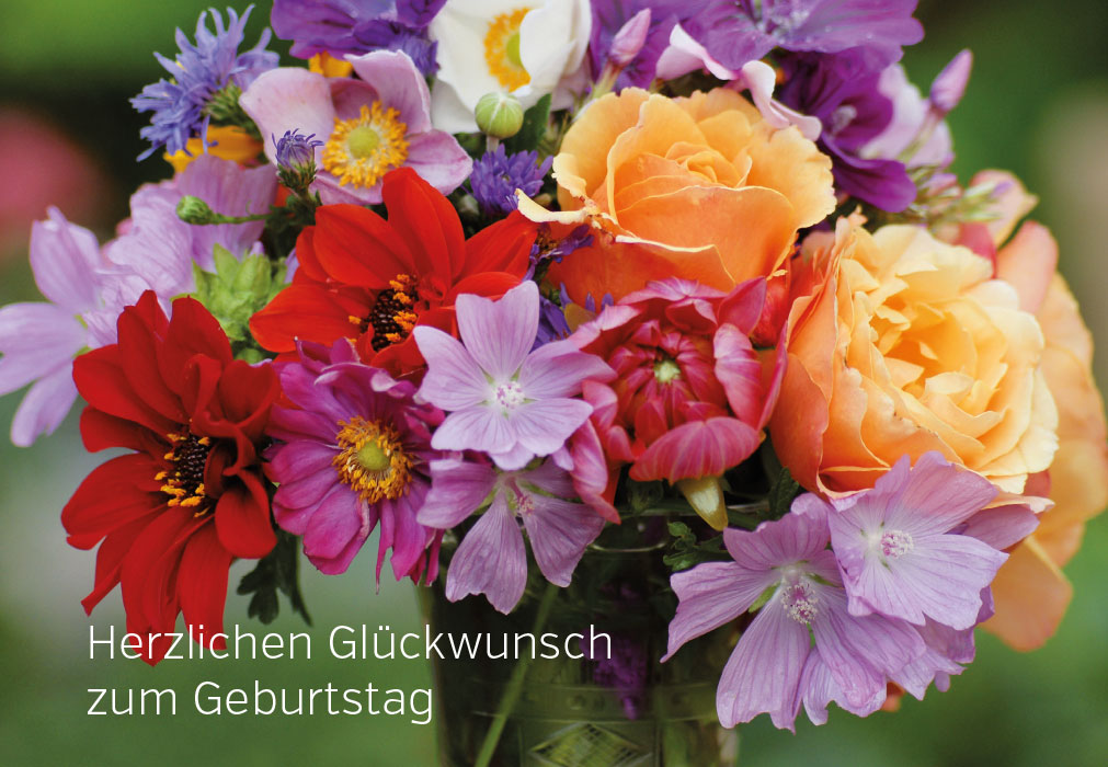 Geburtstag - bunter Blumenstrauß, gelb, rot, lila