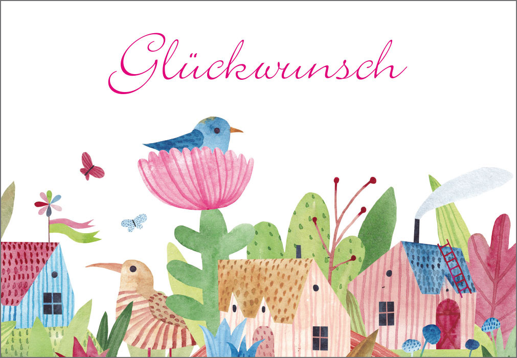 Glückwunsch - Vogel in Blumen, illustriert