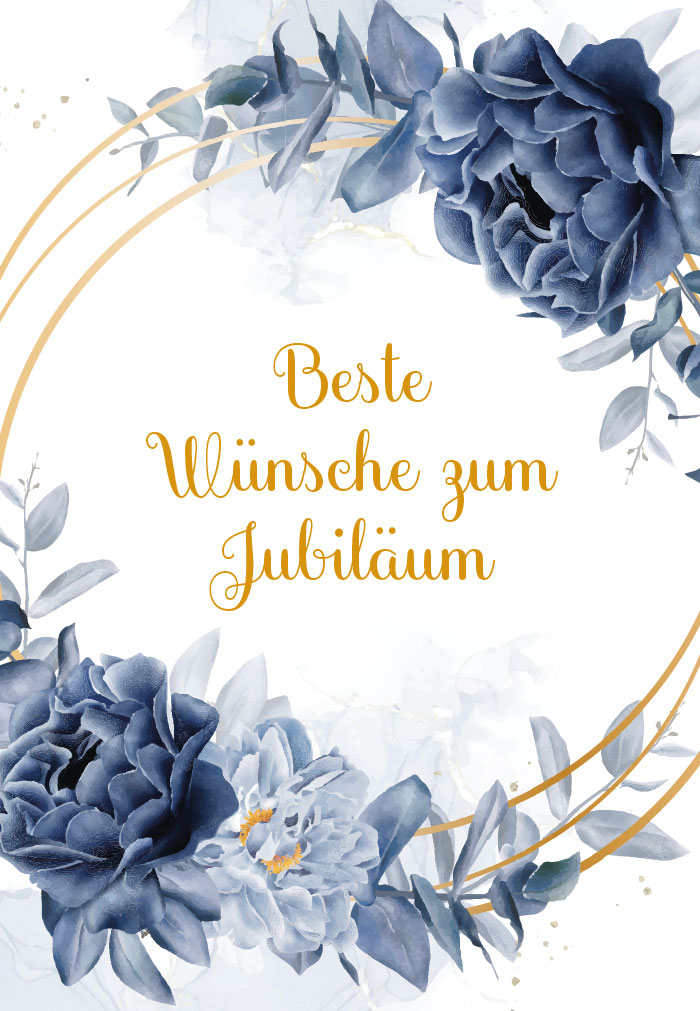 Jubiläum - gemalte, blaue Blumen auf weißem Grund